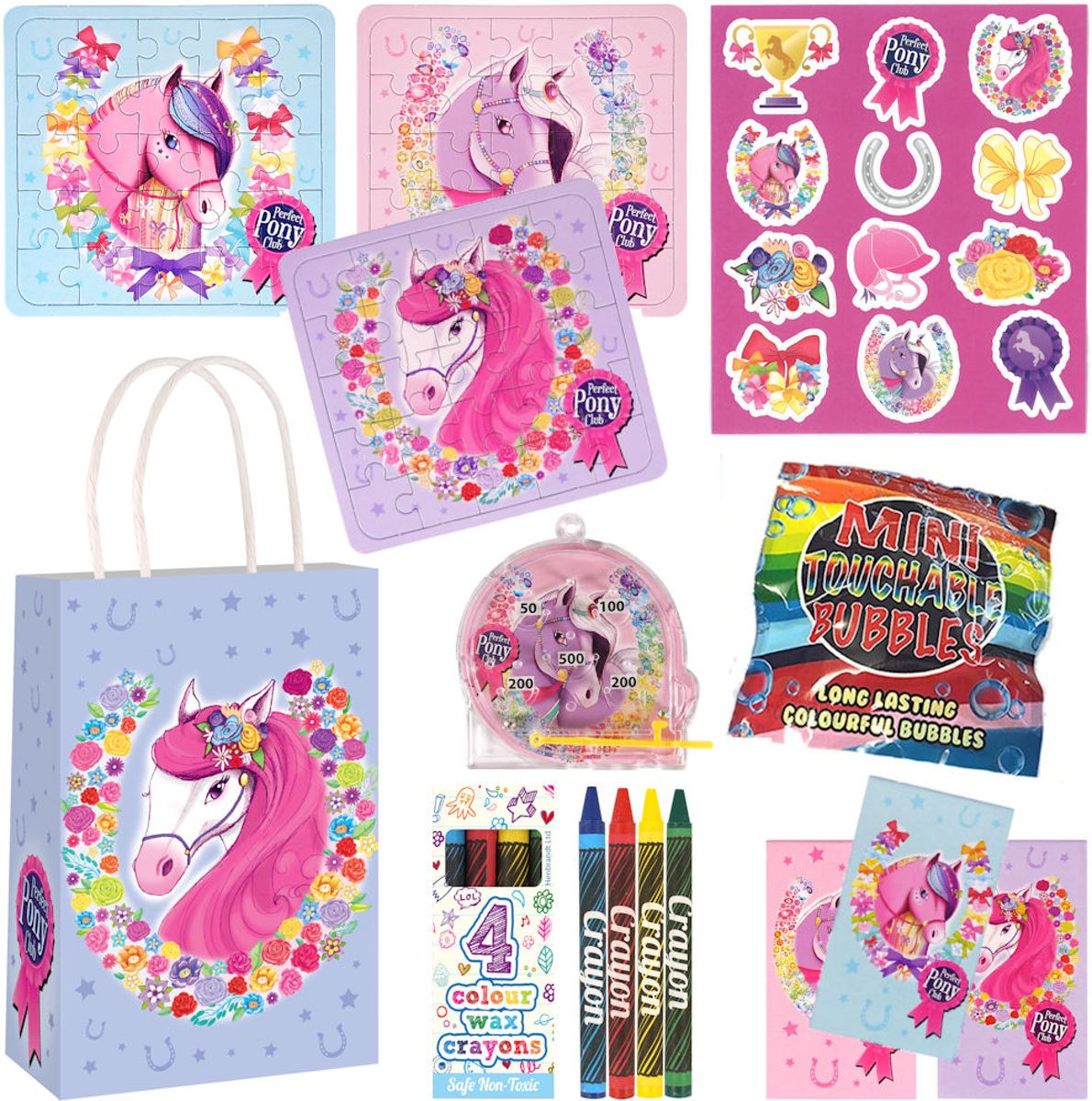 10 STUKS | LUXE PONY / PAARDEN Traktatie Tas INCLUSIEF Uitdeel Kados. Bestaande uit: Tasje, Krijtjes, Notitieblok, Flipperspel, Puzzel, Stickervel en Bellenblaas | Meisjes | Tractatiedozen voor Verjaardagen en Kinderfeestjes